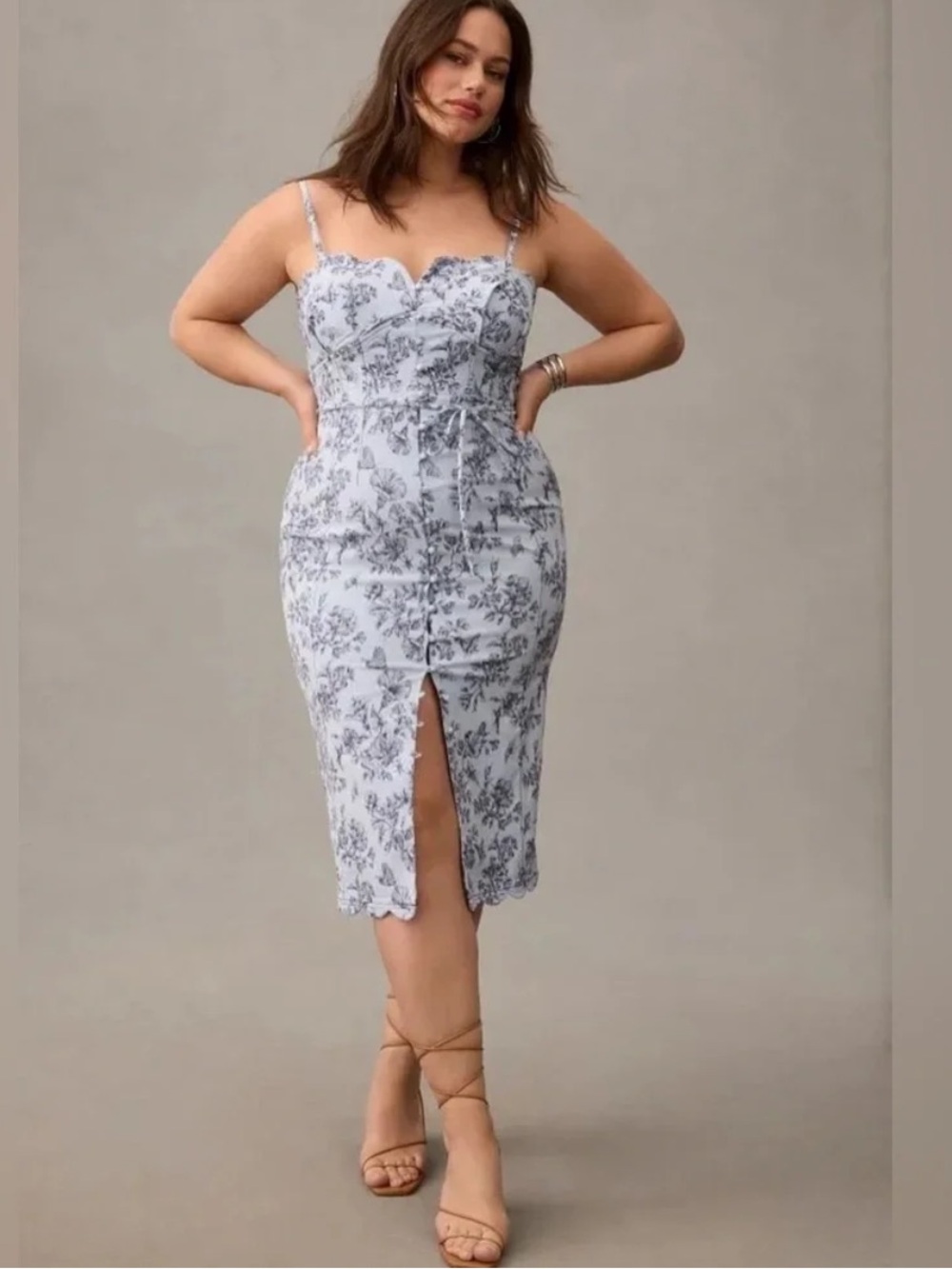 Anthropologie Plus Size Blue Floral Button Front Corset Midi Dress